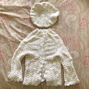 Hand crochet button up sweater and beret hat. Sz 2